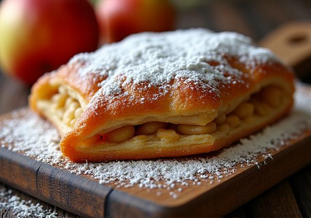 Delicious freshly baked apple strudel on a wooden board, garnished with powdered sugar.