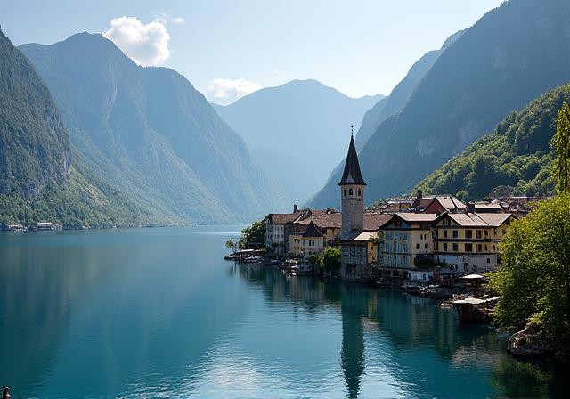 Scenic view of Hallstatt village nestled beside a calm lake with mountains in the background.