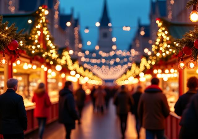 Festive Christmas market stalls illuminated at night, with people enjoying the atmosphere.