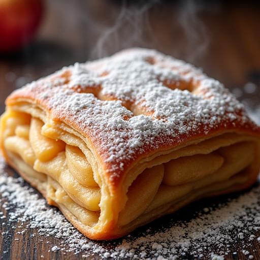 Freshly baked apple strudel with powdered sugar, inviting and delicious.