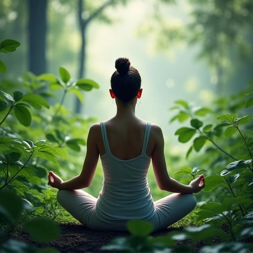 A person meditating peacefully amidst lush greenery, symbolizing mindful living.
